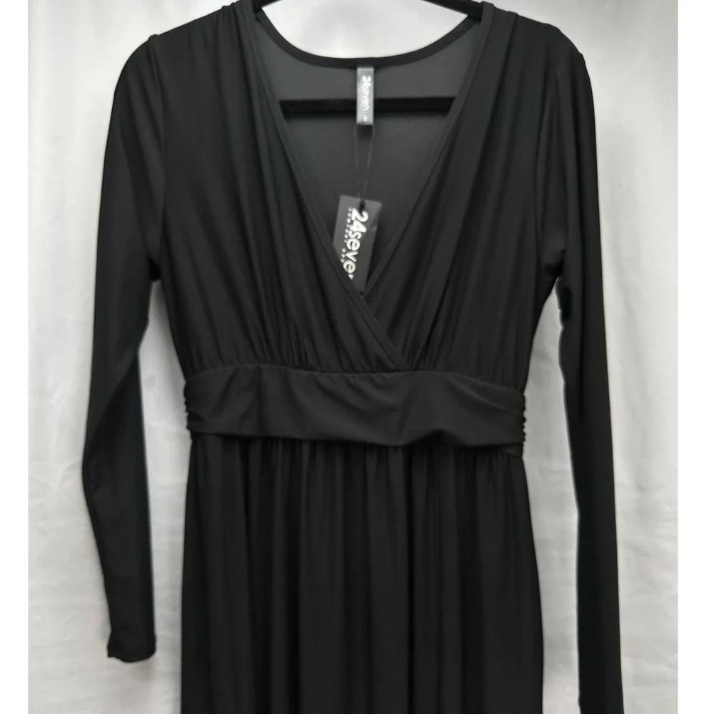 24seven‎ Comfort Apparel Maxi V Neck Long Sleeve Leg Slit Black Dress Pockets